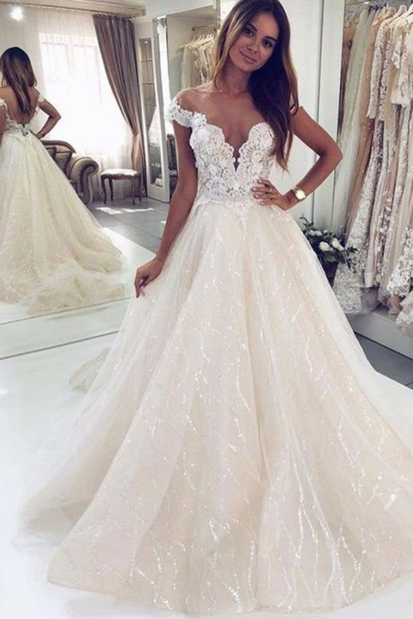 Cap Sleeves Wedding Dress Open Back WIth Appliques - Fashionpara