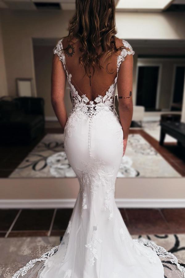 Cap Sleeves Wedding Dresses Mermaid Long - Fashionpara