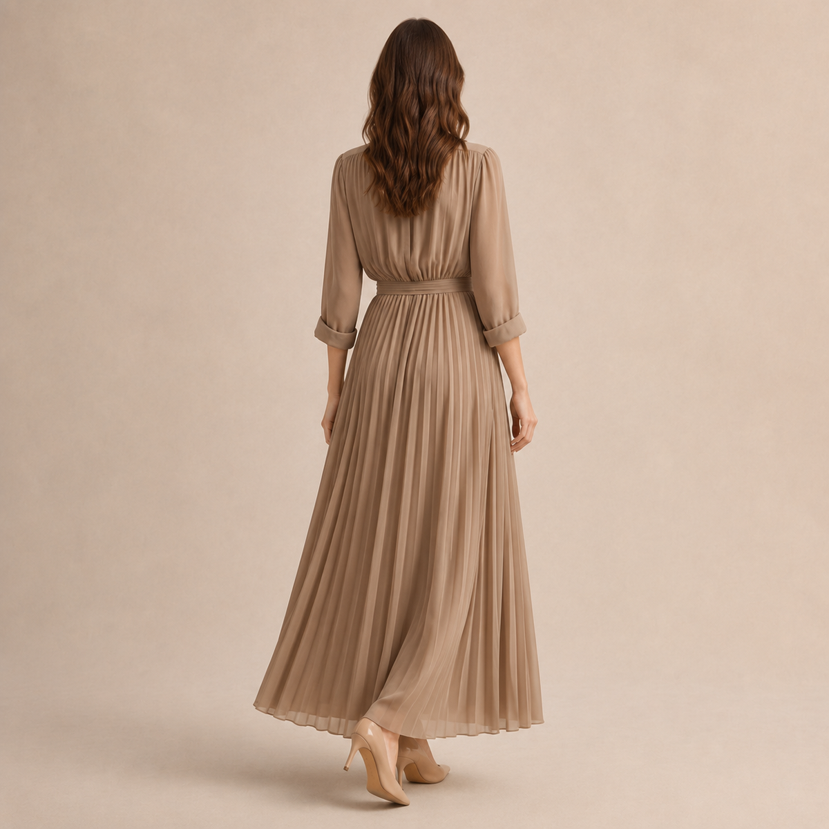 Band Collar Button Front Belted Pleated Shirt Maxi Dress 3