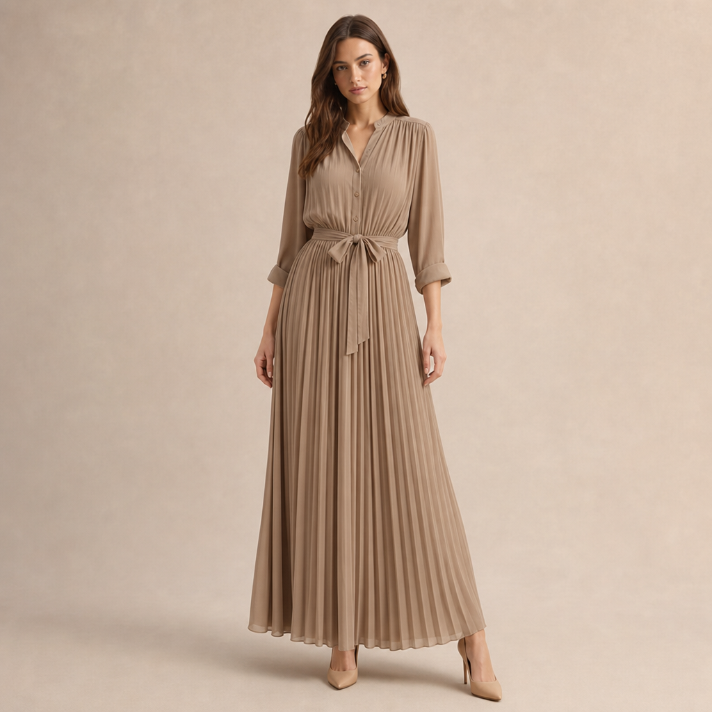 Band Collar Button Front Belted Pleated Shirt Maxi Dress