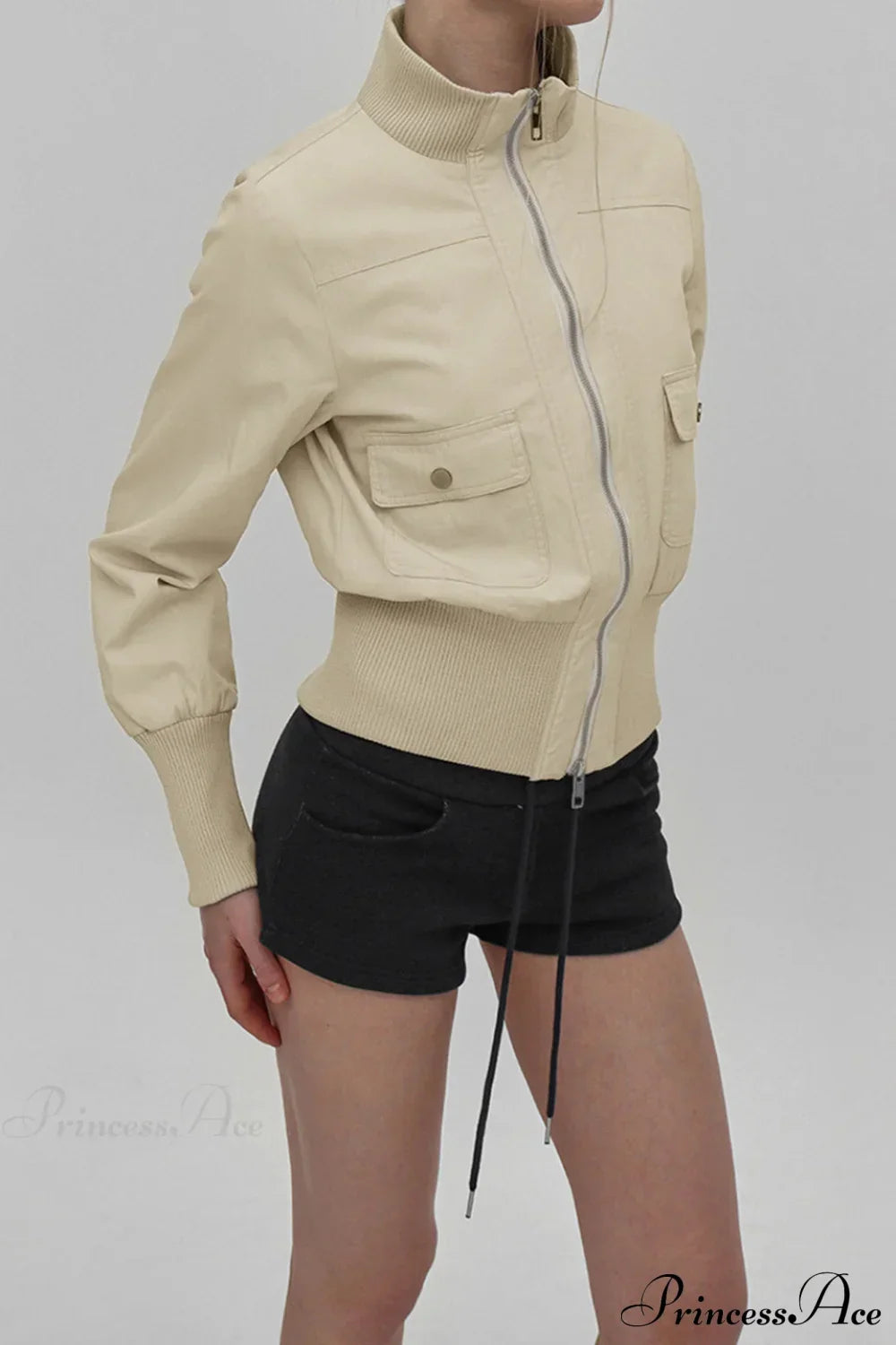 Cargo Zip Pocket Stand Collar Waist Casual Jacket 3
