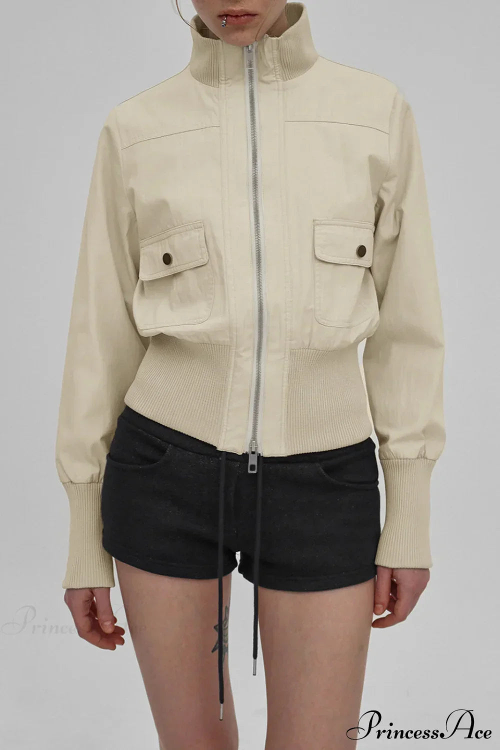Cargo Zip Pocket Stand Collar Waist Casual Jacket 2