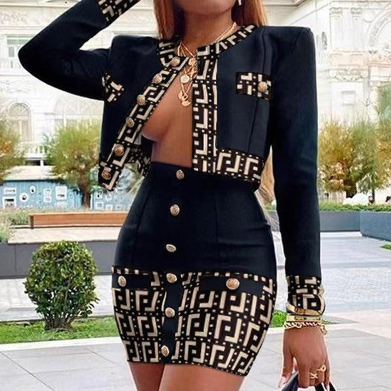KittenAlarm - Casey Geometric Long Sleeve Skirt Sets