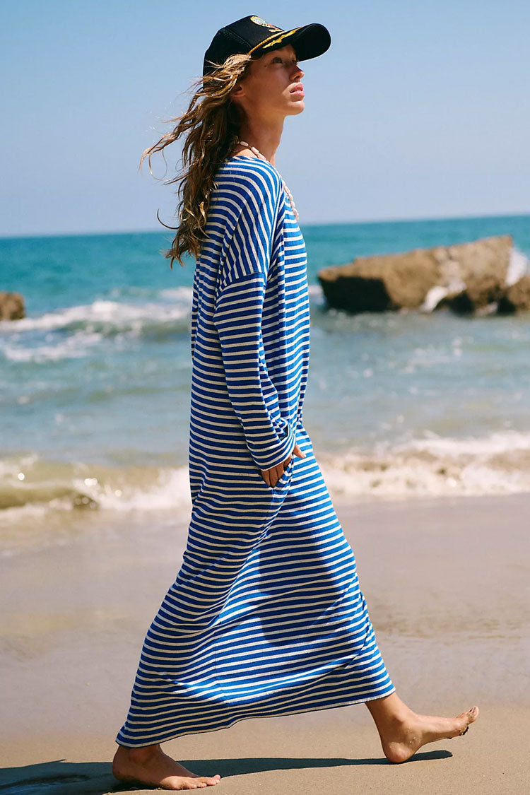 Casual Breton Striped Raglan Sleeve Oversized Summer Midi T Shirt Dress