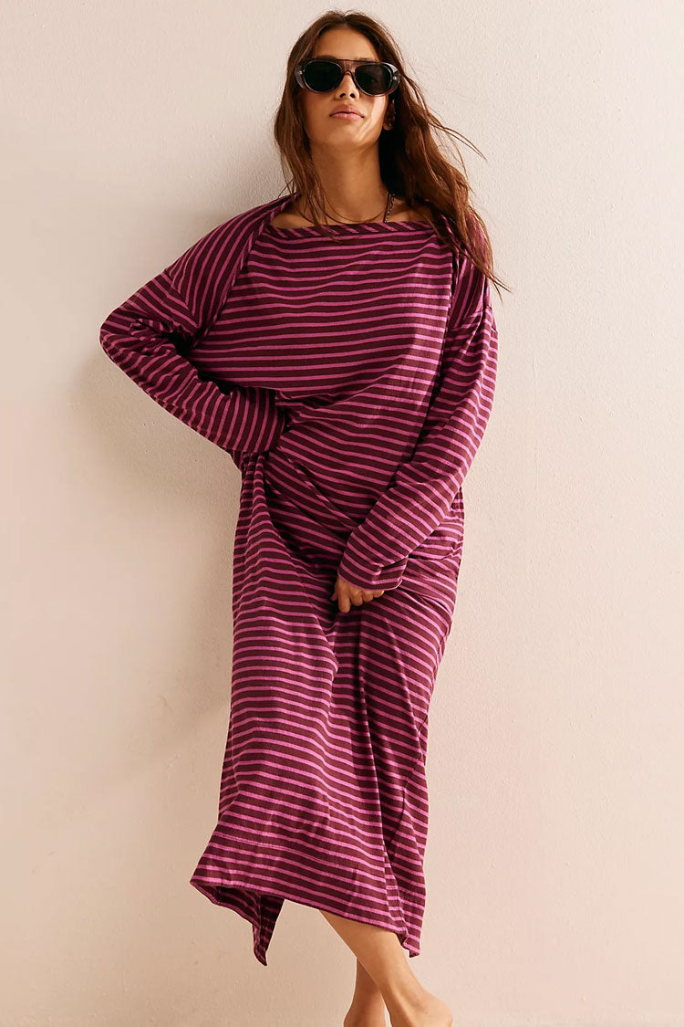 Casual Breton Striped Raglan Sleeve Oversized Summer Midi T Shirt Dress