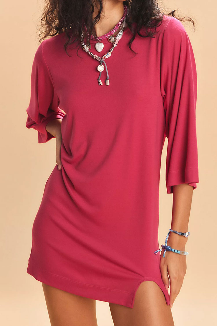 Casual Crew Neck 3/4 Sleeve Oversized Split Summer Mini T Shirt Dress