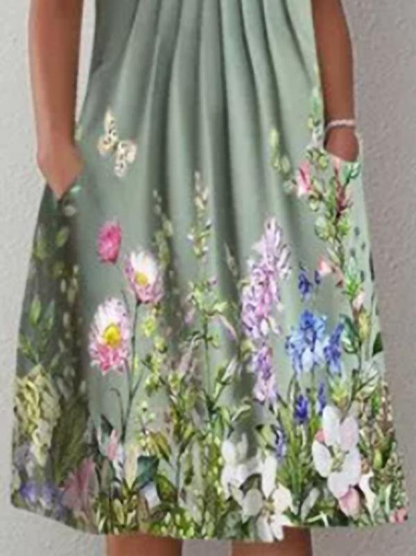 Casual Floral Round Neck Mid-length Straight Dress
