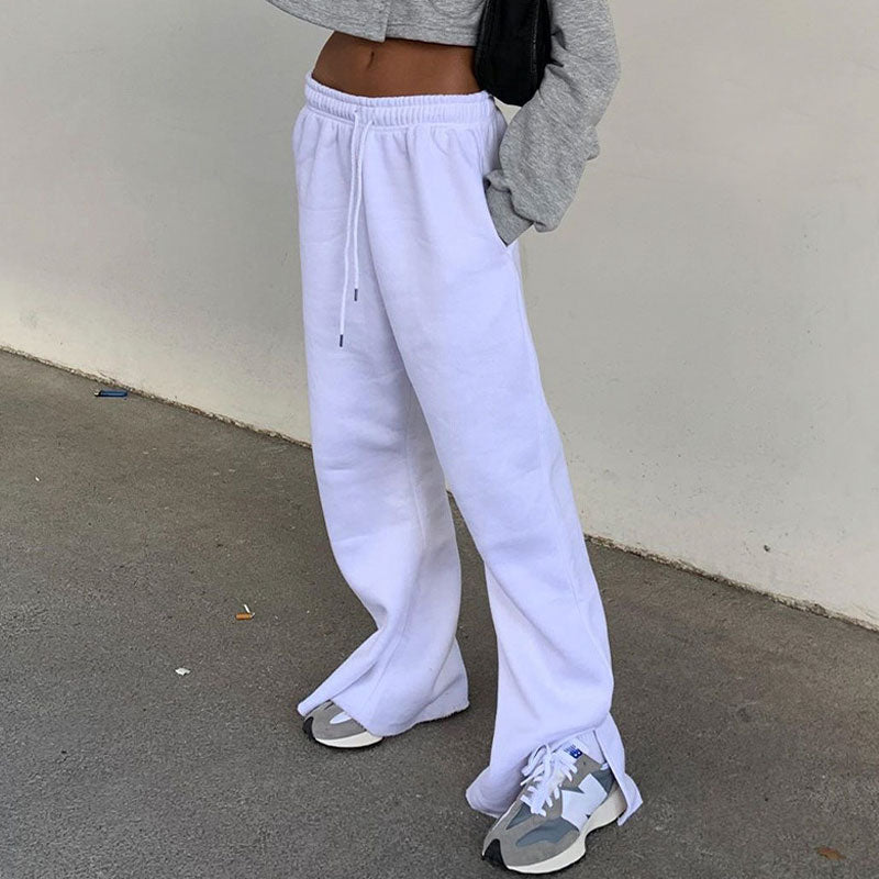 Casual High Waist Drawstring Side Slip Wide Leg Pants - White - Fashionpara
