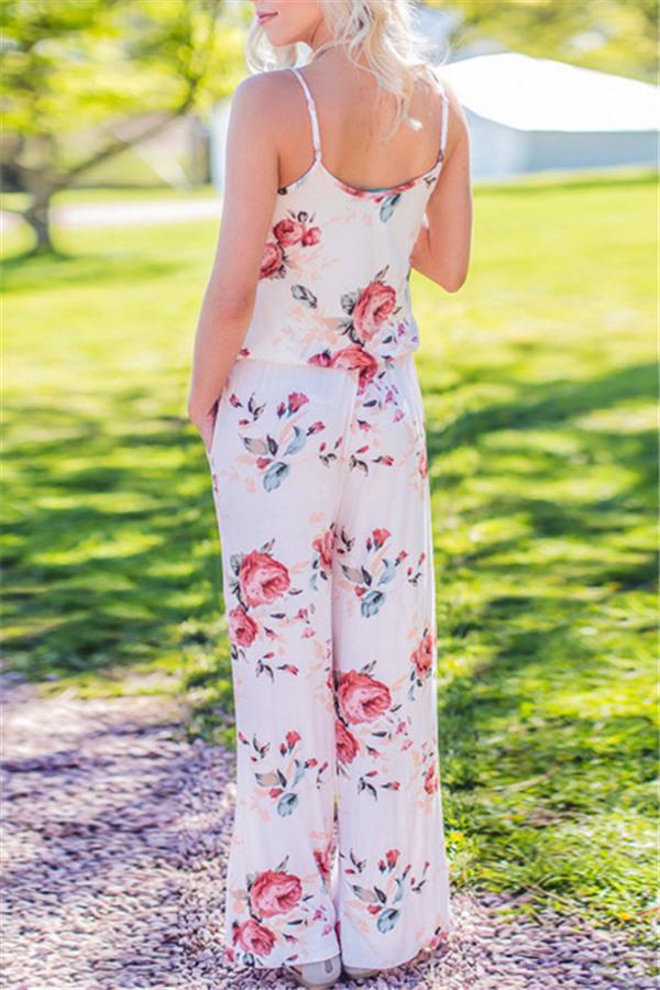 Casual Lace Up Floral Print Jumpsuit