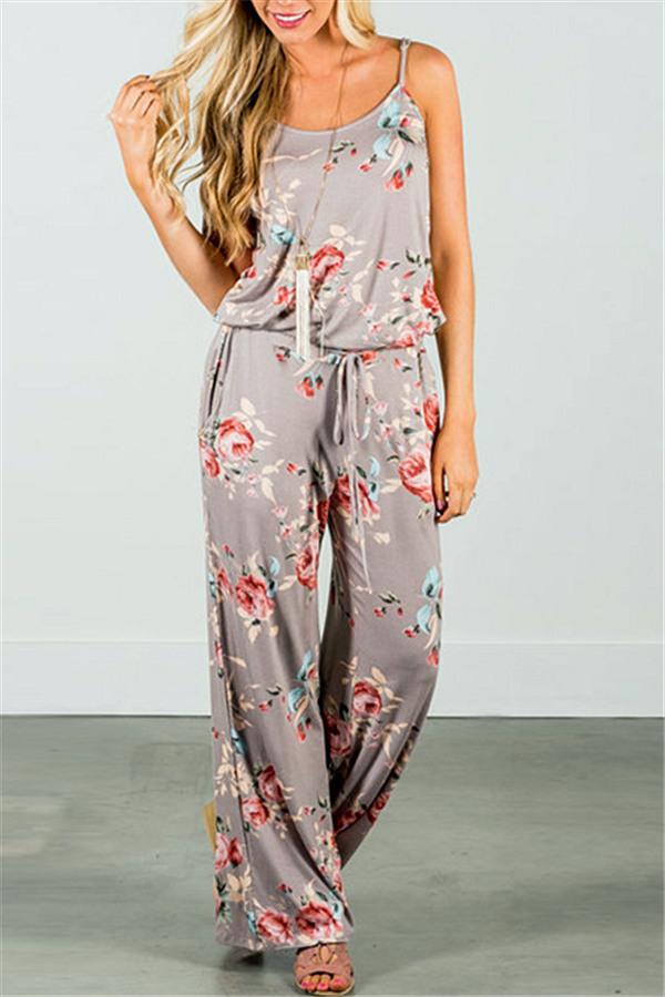 Casual Lace Up Floral Print Jumpsuit