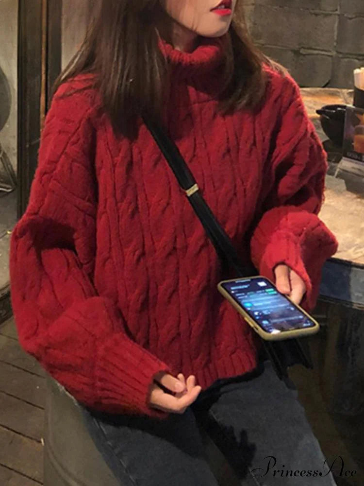 Casual Loose Vintage Solid Color Pullover Christmas Sweater Burgundy / S Sweaters-L