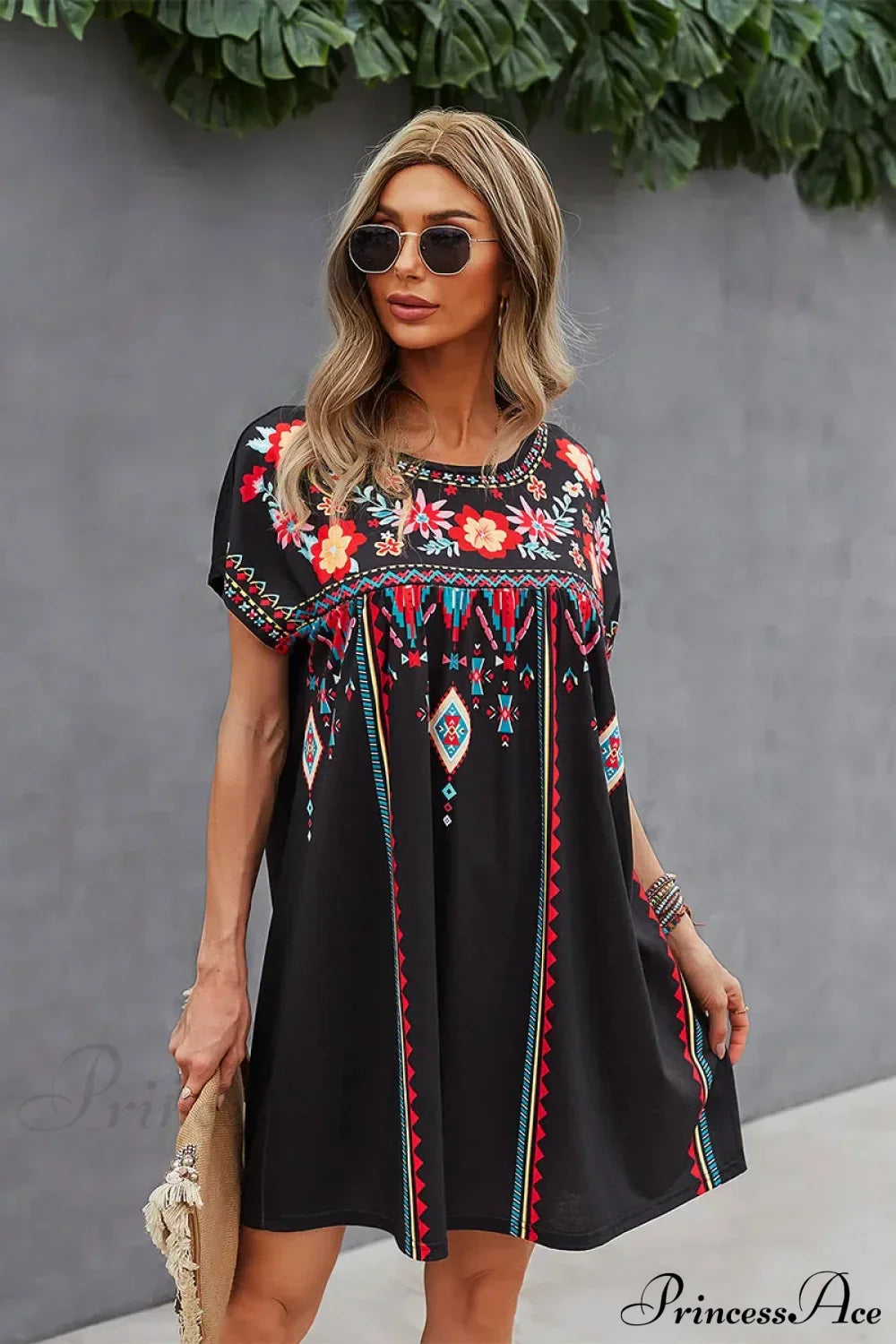 Casual O-neck Cotton Boho Dress Black / S bohodress-250126