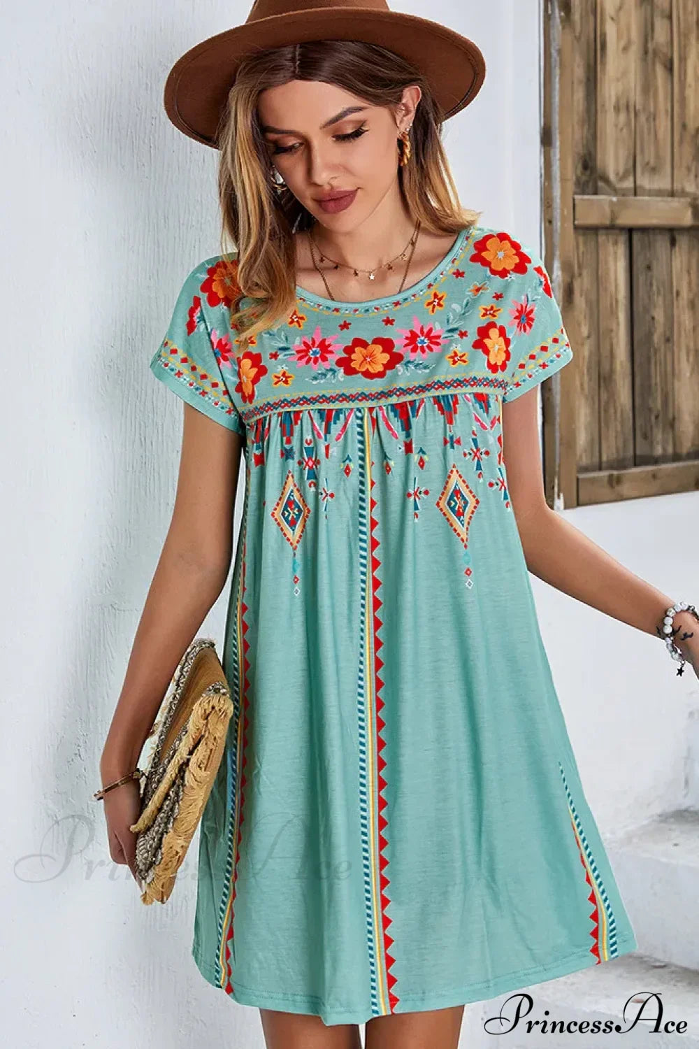Casual O-neck Cotton Boho Dress Green / S bohodress-250126