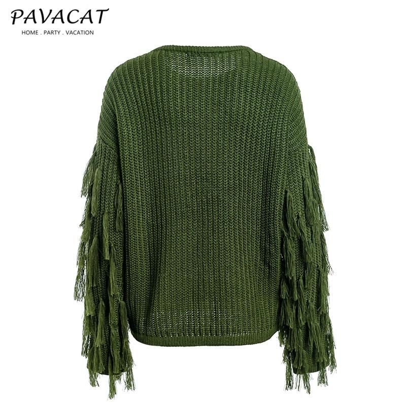 RadyRin Casual Army Green O Neck Tassel Sweater for Comfort