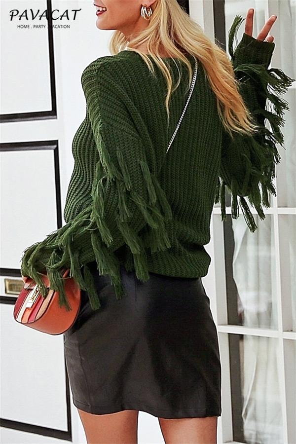 RadyRin Casual Army Green O Neck Tassel Sweater for Comfort