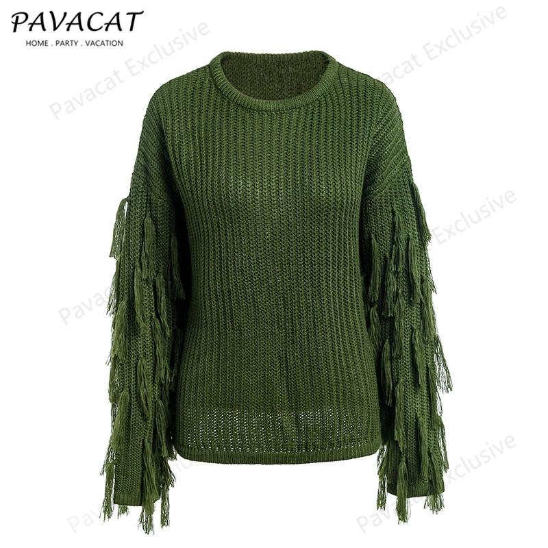 RadyRin Casual Army Green O Neck Tassel Sweater for Comfort