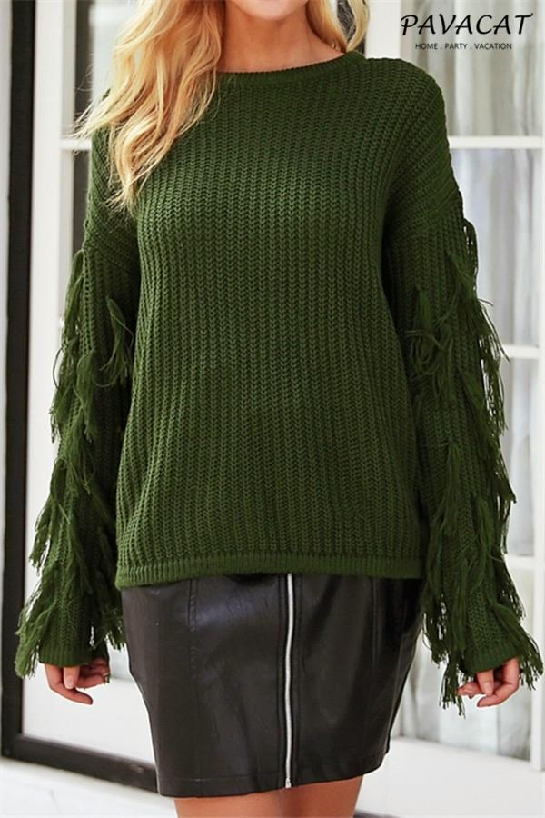 RadyRin Casual Army Green O Neck Tassel Sweater for Comfort