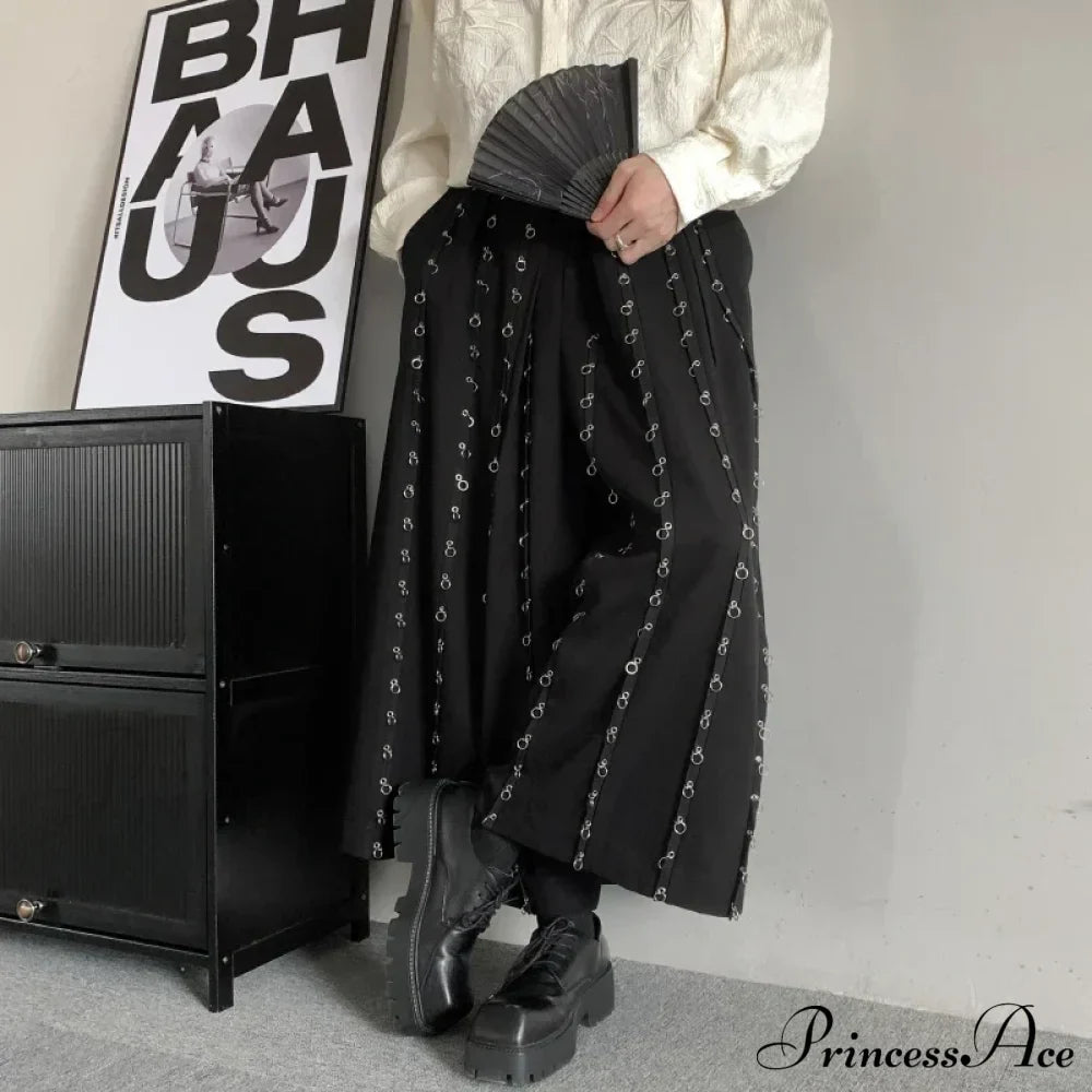 Casual Pants Men Metal Button Patchwork Wide Leg Pants