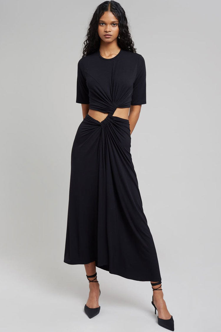 Casual Round Neck Short Sleeve Ruched Cutout Midi Dress - Black - Fashionpara