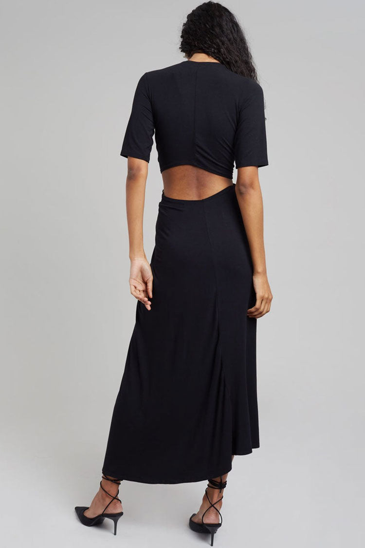 Casual Round Neck Short Sleeve Ruched Cutout Midi Dress - Black - Fashionpara