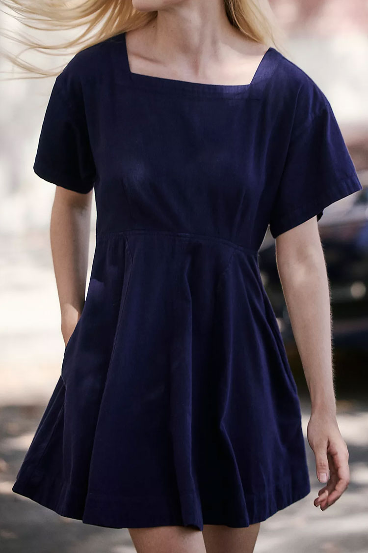 Casual Square Neck Short Sleeve Button Back Cutout Summer Mini Dress