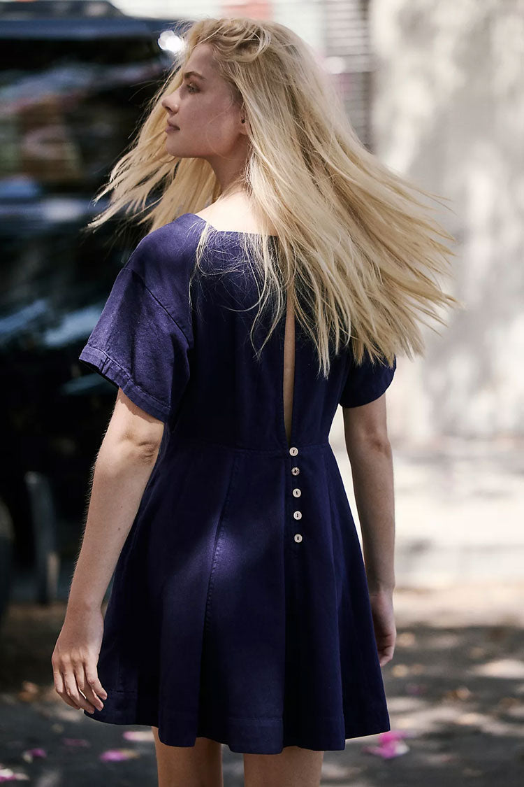 Casual Square Neck Short Sleeve Button Back Cutout Summer Mini Dress