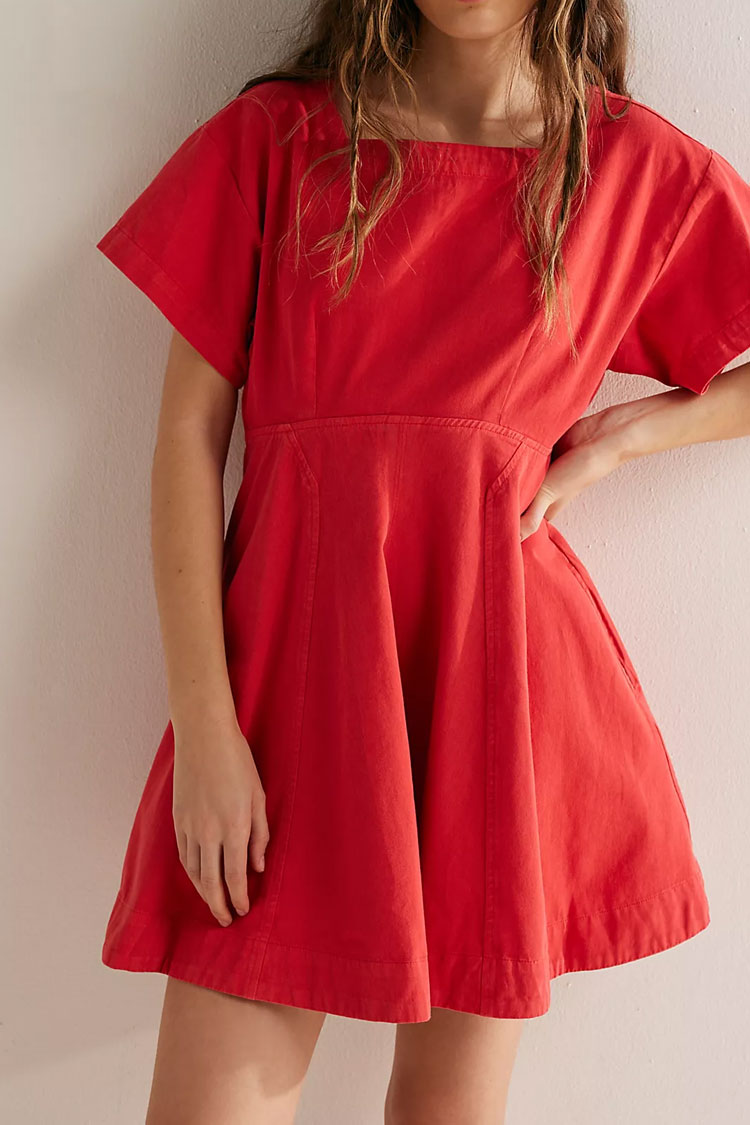 Casual Square Neck Short Sleeve Button Back Cutout Summer Mini Dress