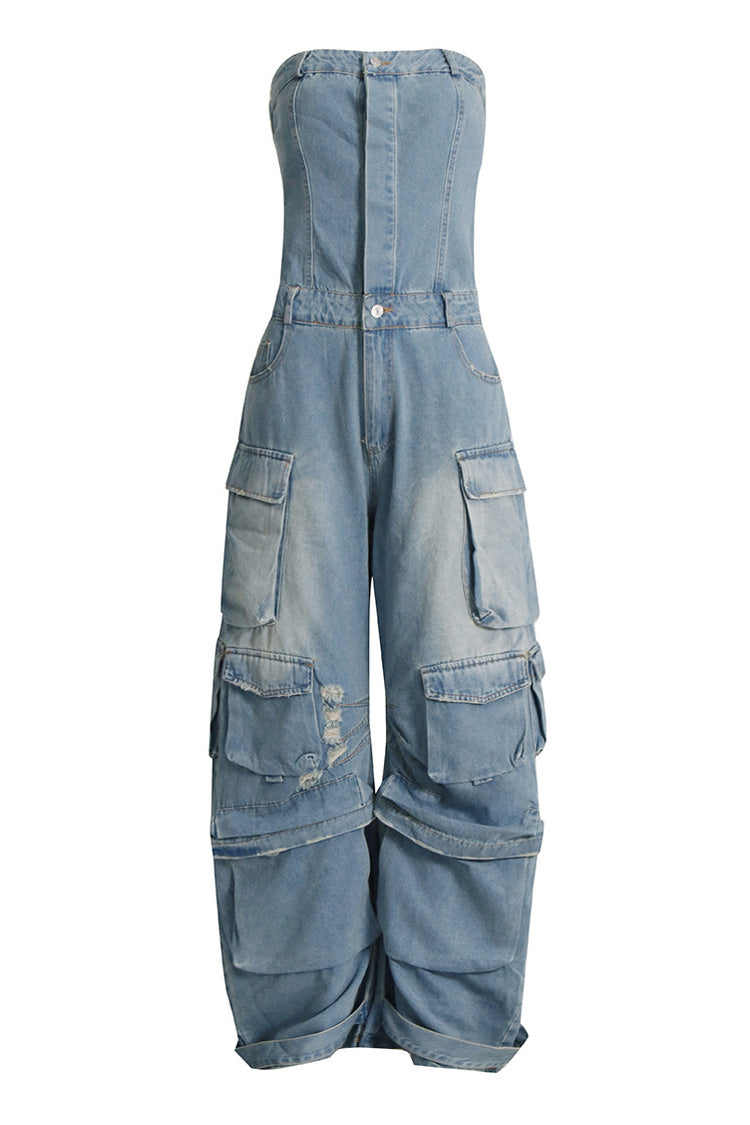 Casual Strapless Button Up High Waist Horseshoe Denim Cargo Jumpsuit - Fashionpara