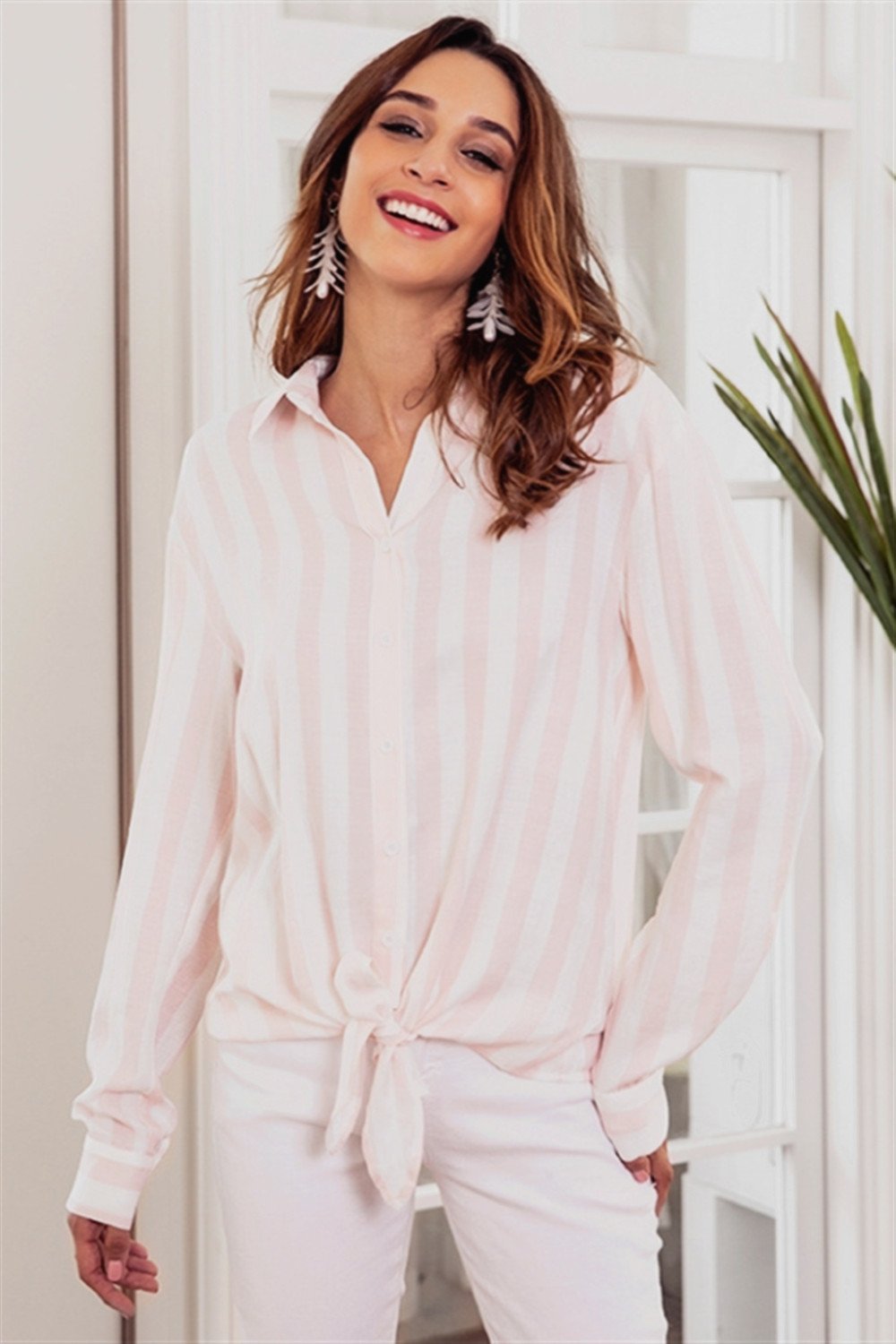 Casual Striped Front Knot Shirt