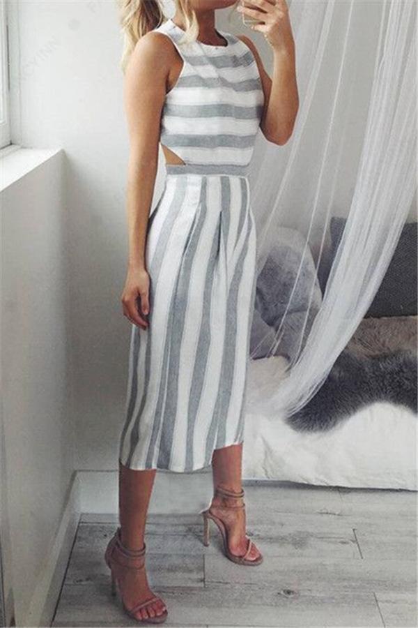 Casual Striped Wide Leg Jumpsuit - Fashionpara