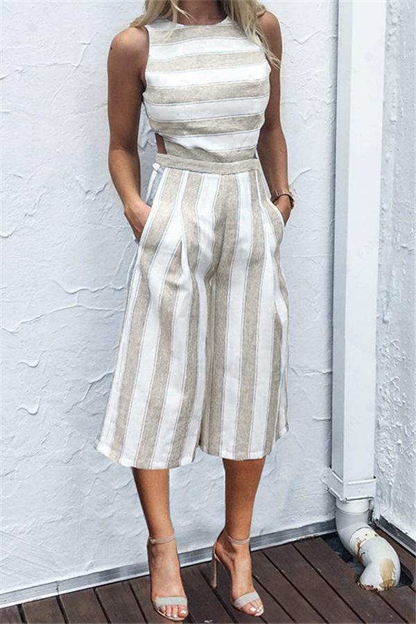 Casual Striped Wide Leg Jumpsuit - Fashionpara