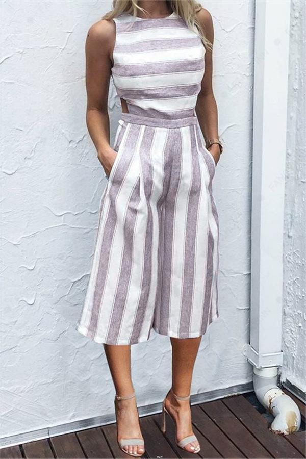 Casual Striped Wide Leg Jumpsuit - Fashionpara