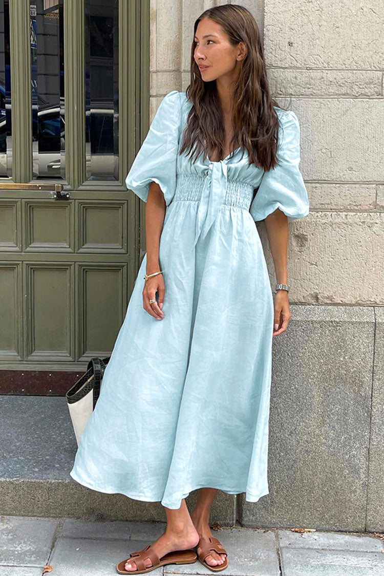Casual Tie Front Puff Sleeve Cotton Linen Beach Vacation Midi Dress - Sky Blue Fashionpara