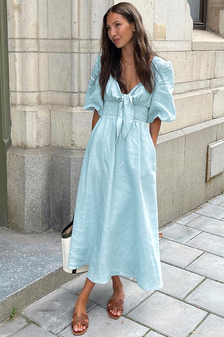Casual Tie Front Puff Sleeve Cotton Linen Beach Vacation Midi Dress - Sky Blue Fashionpara