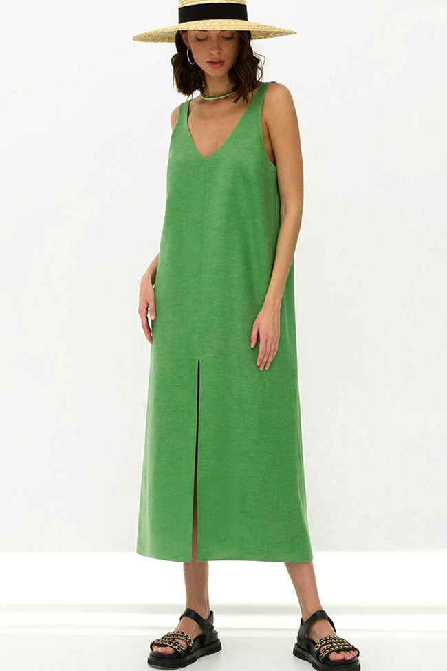 Casual V Neck Front Split Sleeveless Linen Blend Midi Sundress - Green  Fashionpara
