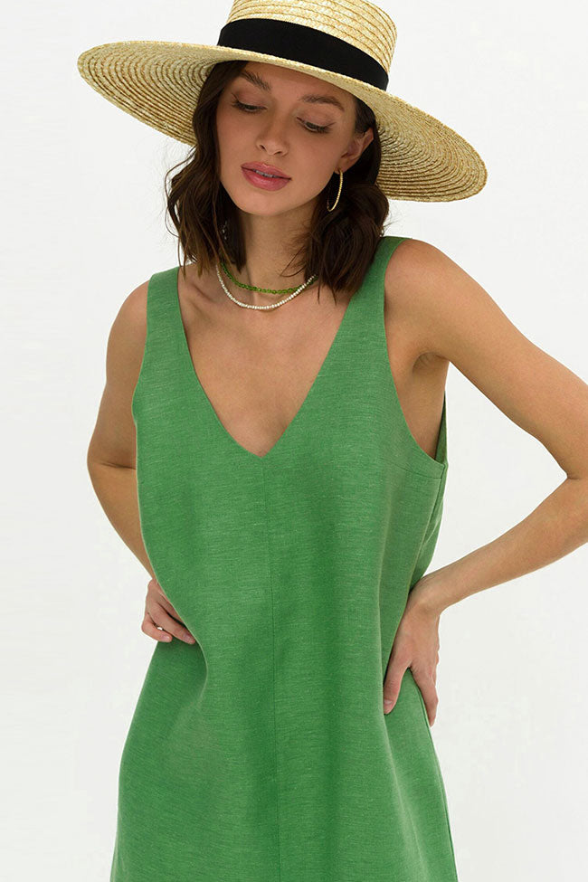 Casual V Neck Front Split Sleeveless Linen Blend Midi Sundress - Green  Fashionpara