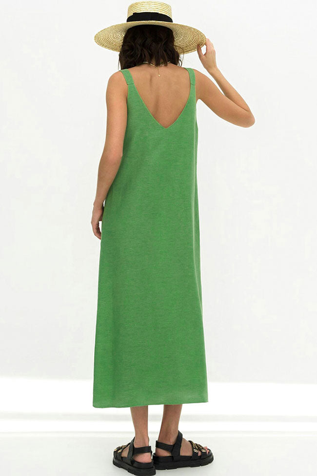 Casual V Neck Front Split Sleeveless Linen Blend Midi Sundress - Green  Fashionpara