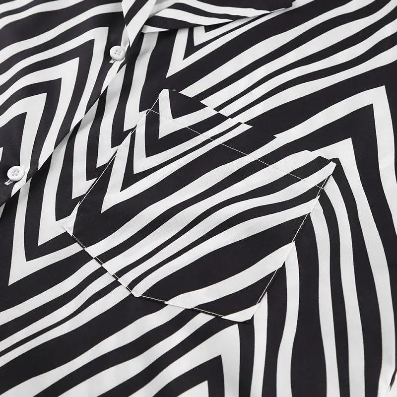 Casual Zigzag Pattern Collared Button Up Wide Leg Pants Matching Set - Black  Fashionpara