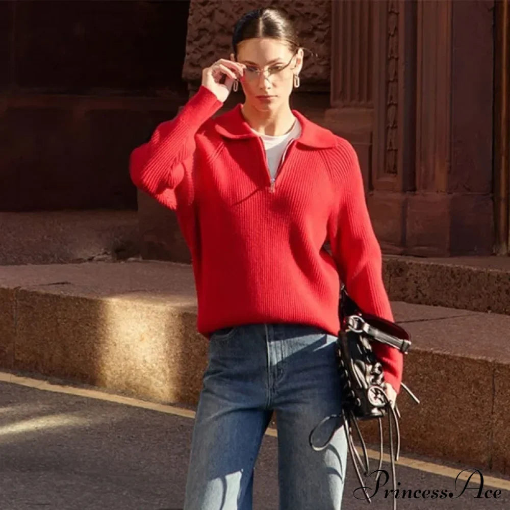 Casual Zipper Long Sleeve Pullover Solid Loose Warm Christmas Sweater