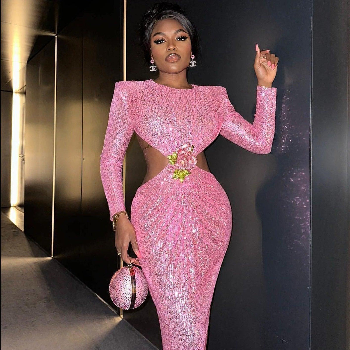 Sequin Long Sleeve Cut Out Bodycon Maxi Dress - View 13