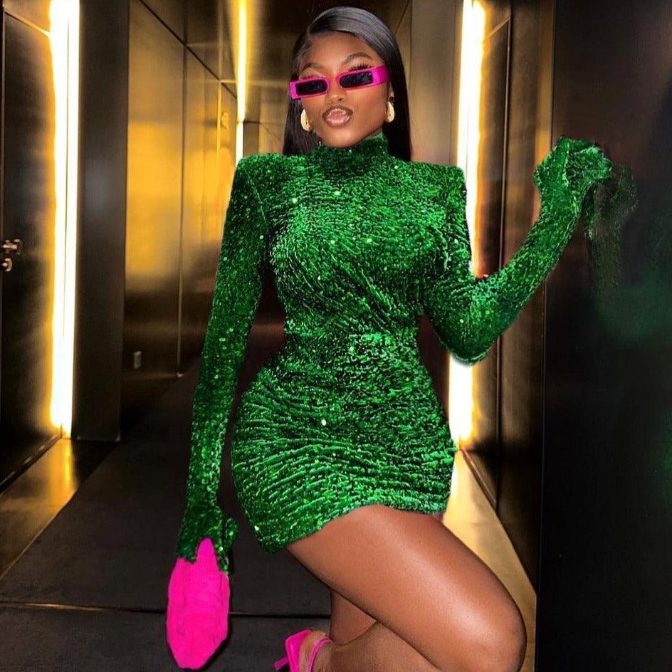 Sequin High-Neck Long-Sleeve Glove-Cuff Ruched Mini Dress 6