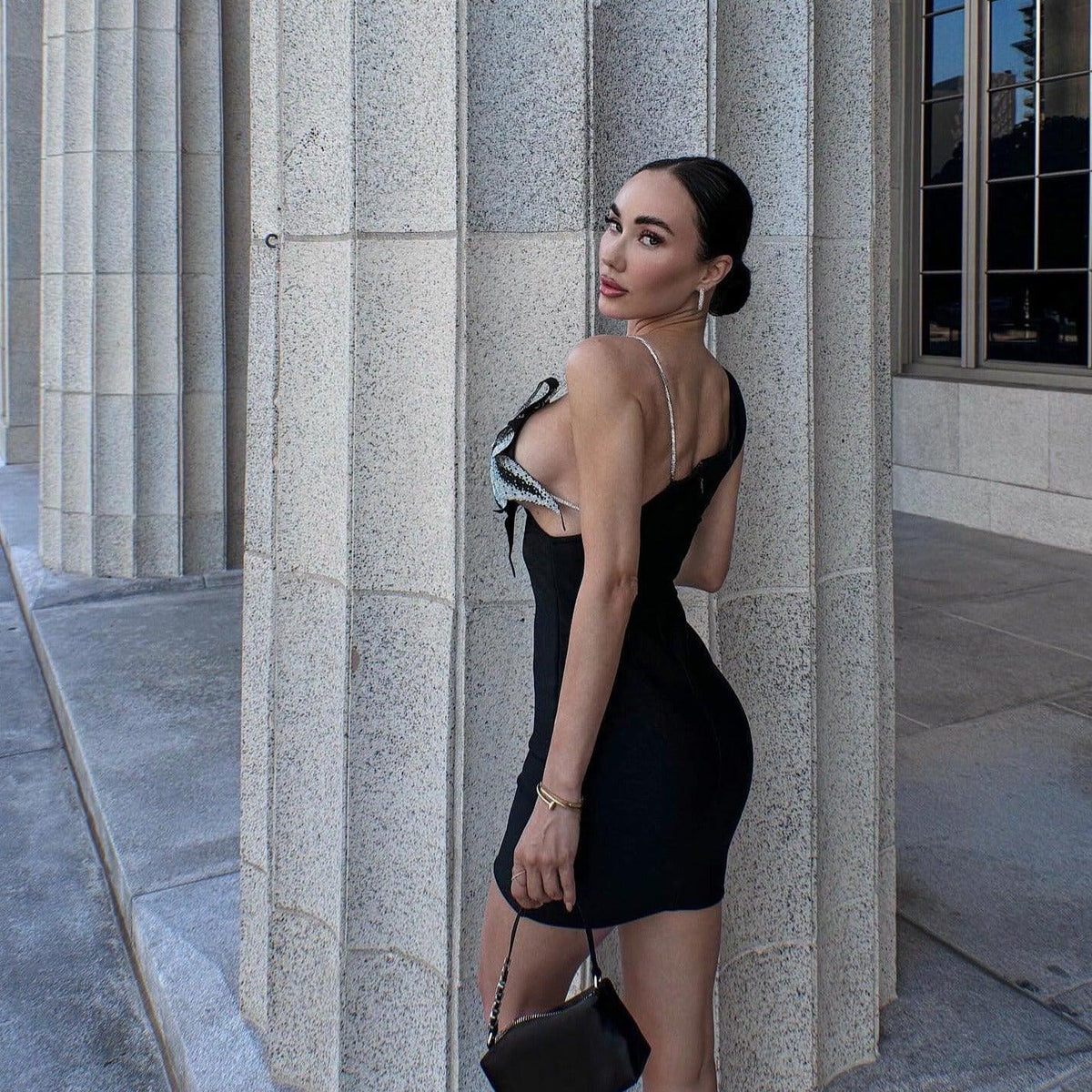 Rhinestone One Shoulder Deep V-Neck Floral Applique Bodycon Mini Dress - View 7