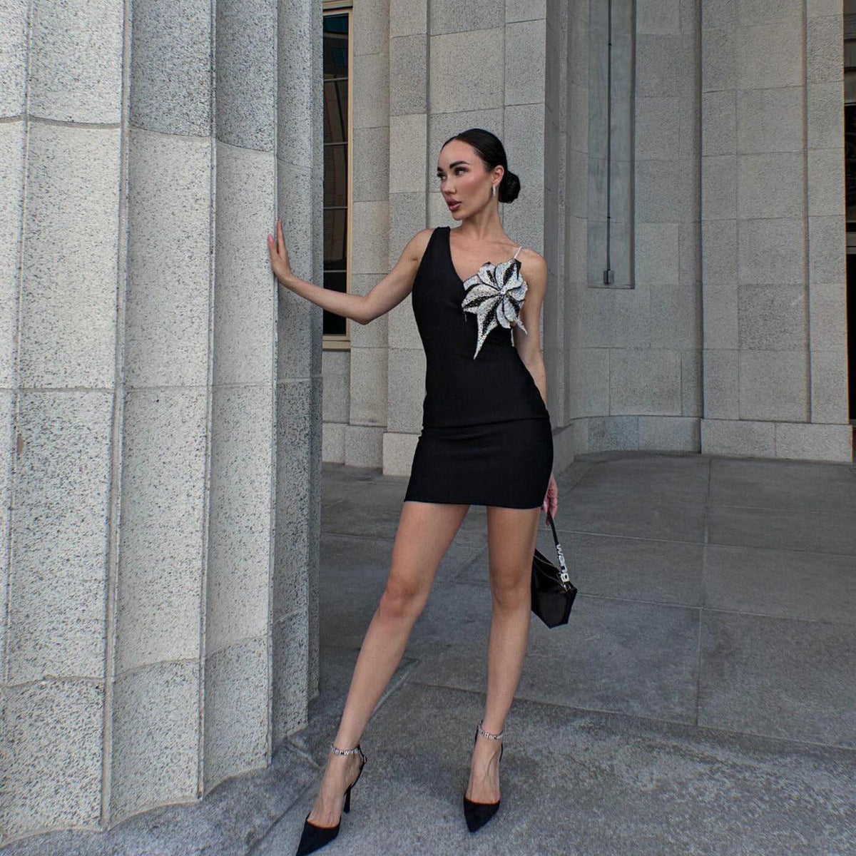 Rhinestone One Shoulder Deep V-Neck Floral Applique Bodycon Mini Dress - View 9
