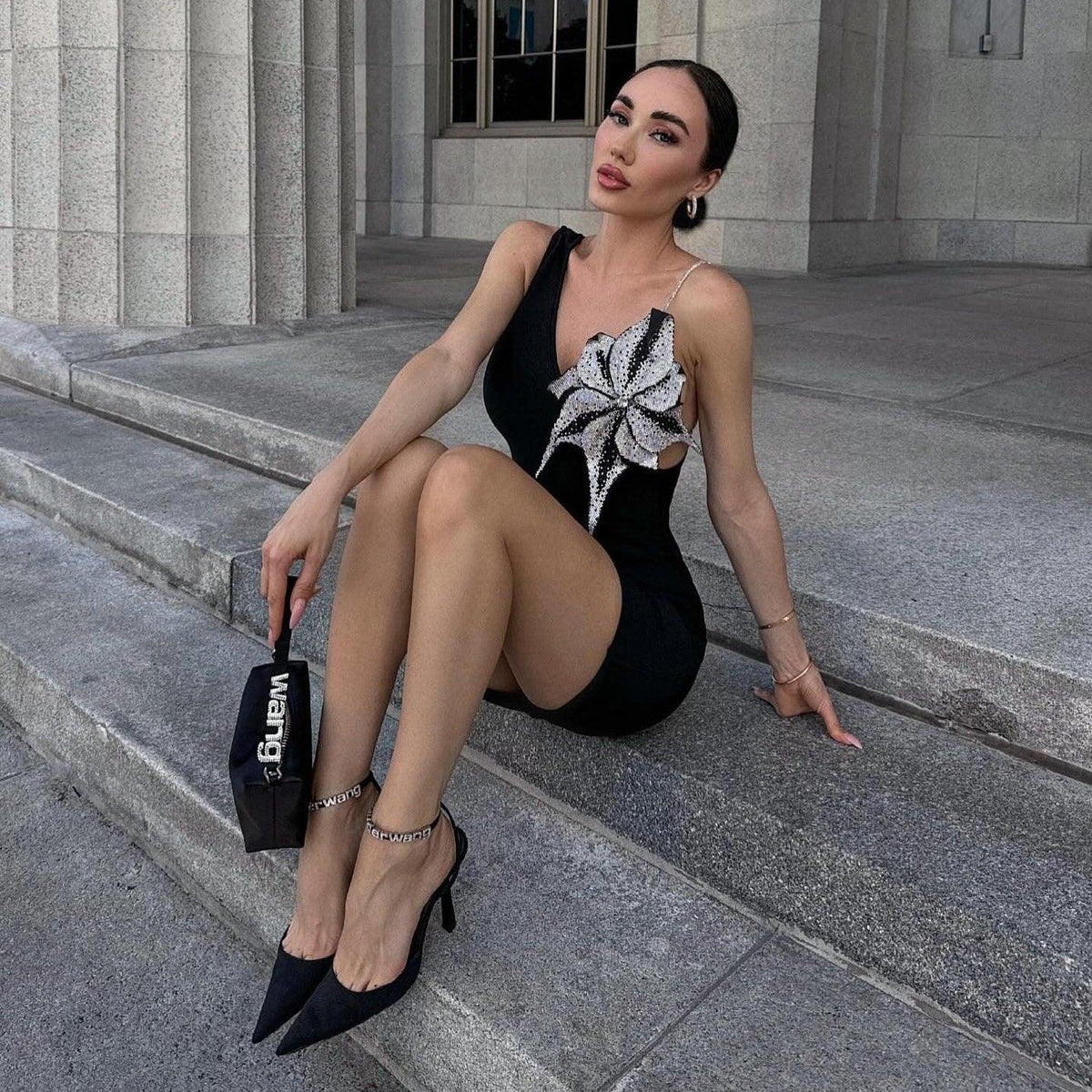 Rhinestone One Shoulder Deep V-Neck Floral Applique Bodycon Mini Dress - View 6