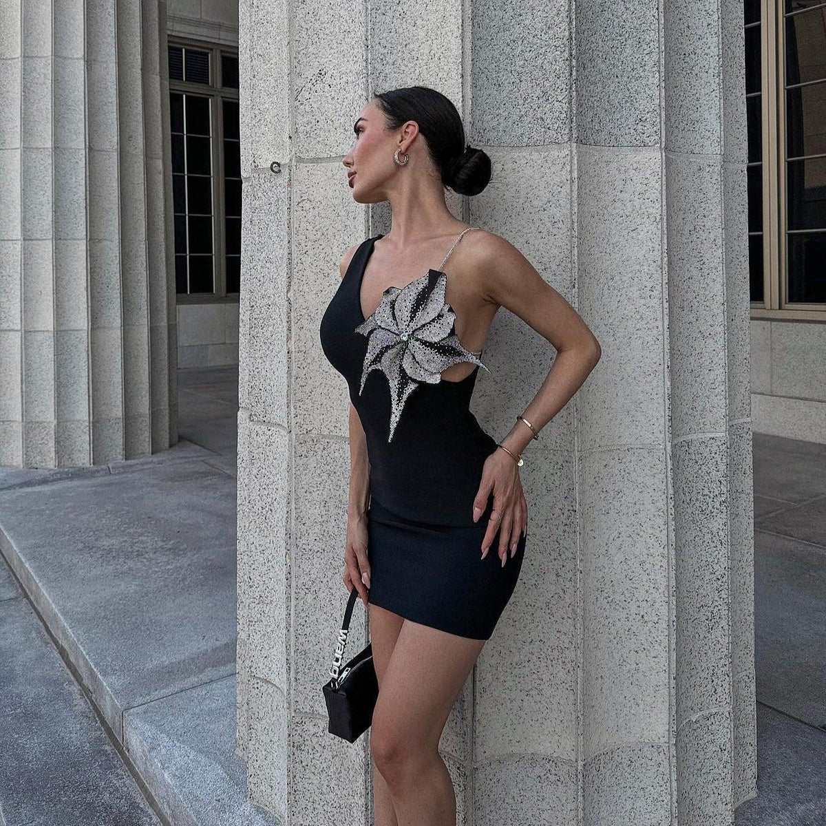 Rhinestone One Shoulder Deep V-Neck Floral Applique Bodycon Mini Dress - View 8