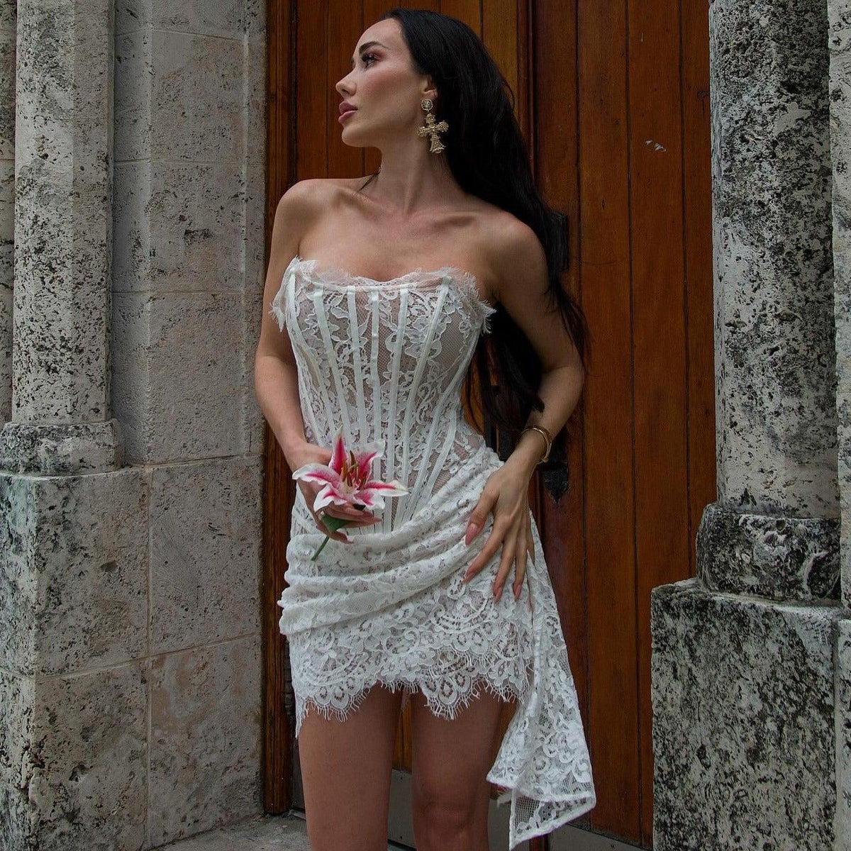 Sheer Lace Strapless Corset Draped Mini Dress 15
