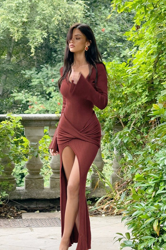 Ribbed Knit Long-Sleeve Twist-Front Slit Maxi Dress