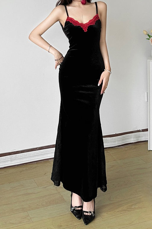 Velvet Lace-Trim Spaghetti Strap Mermaid Maxi Dress