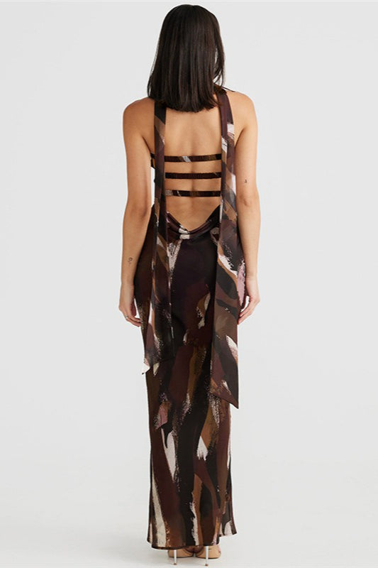 Abstract Print Halter Neck Scarf Tie Mermaid Maxi Dress 4
