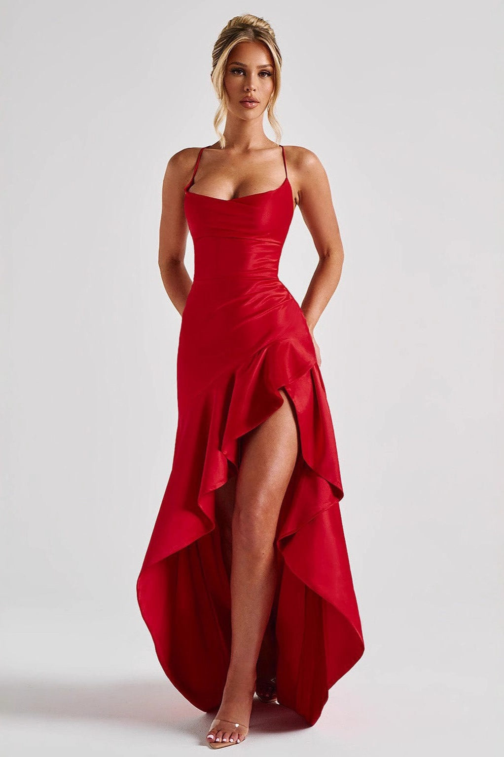 Satin Cowl-Neck Backless Ruffle High-Slit Maxi Gown 4